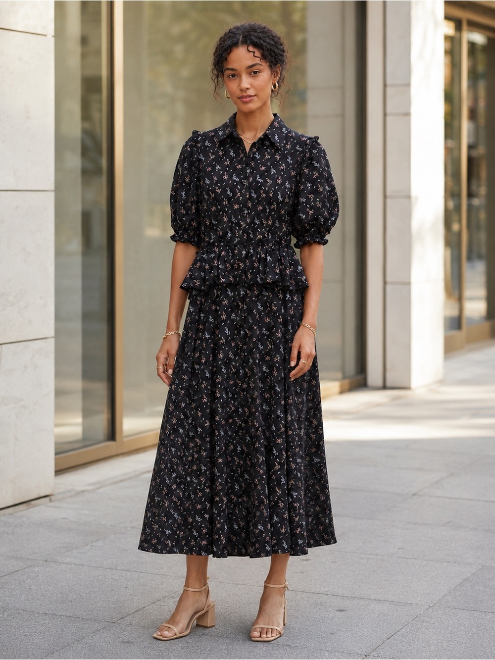 rokh GU Women's Small Black Floral Ruffle Peplum Puff Sleeve Dress Garden